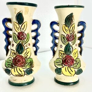Japanese Double Handle Ceramic Floral and Avian Mid 20th Century Vases set of 2